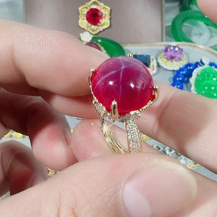 钨金红色蓝色满钻镶嵌戒指吊坠