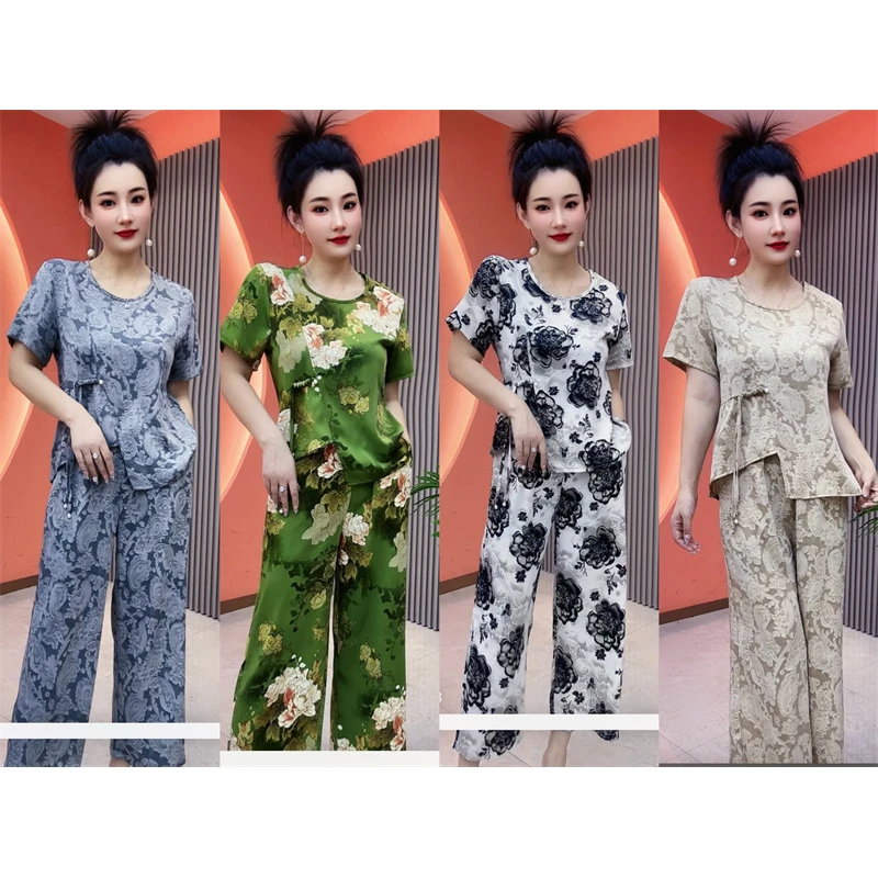 25109夏季华尔缎冰丝提花套装（上衣+裤子）