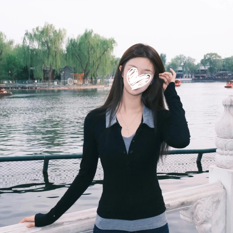 秋季新款欧美风辣妹假两件拼接撞色翻领长袖T恤修身显瘦打底上衣
