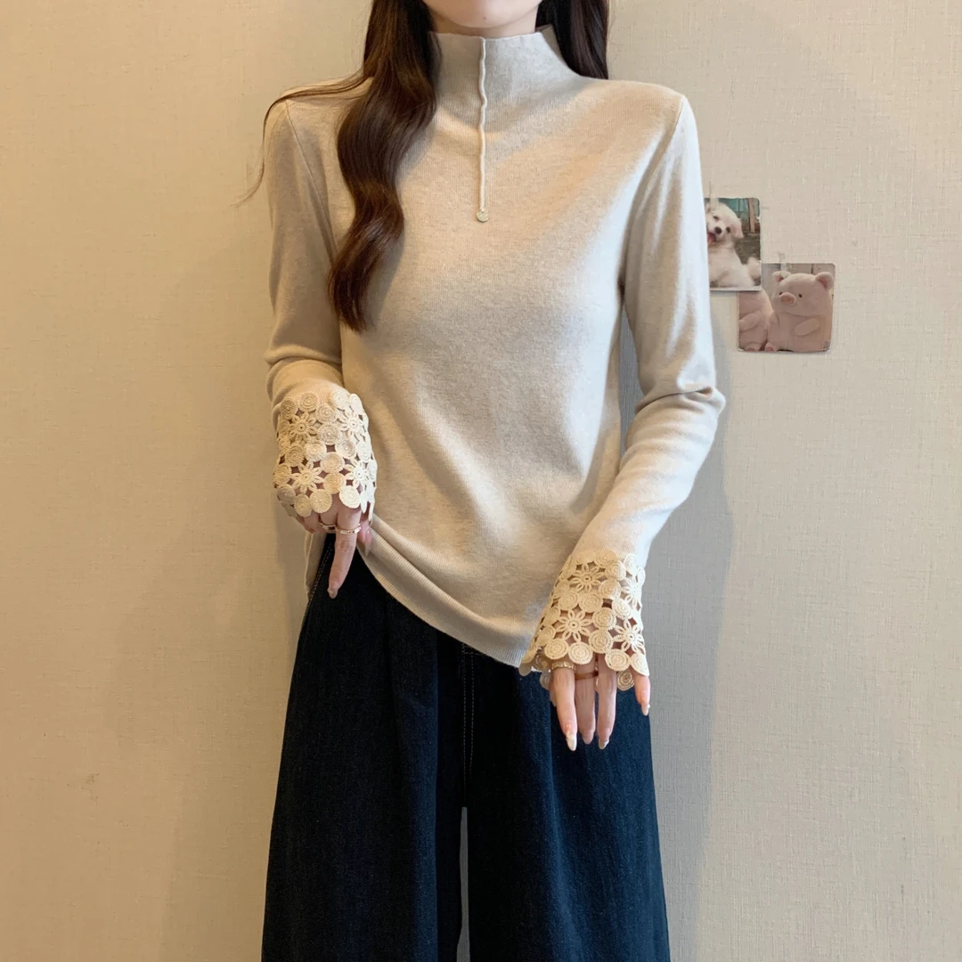 高领蕾丝拼接正肩针织衫内搭大码女装胖mm秋冬款高级感打底衫上衣