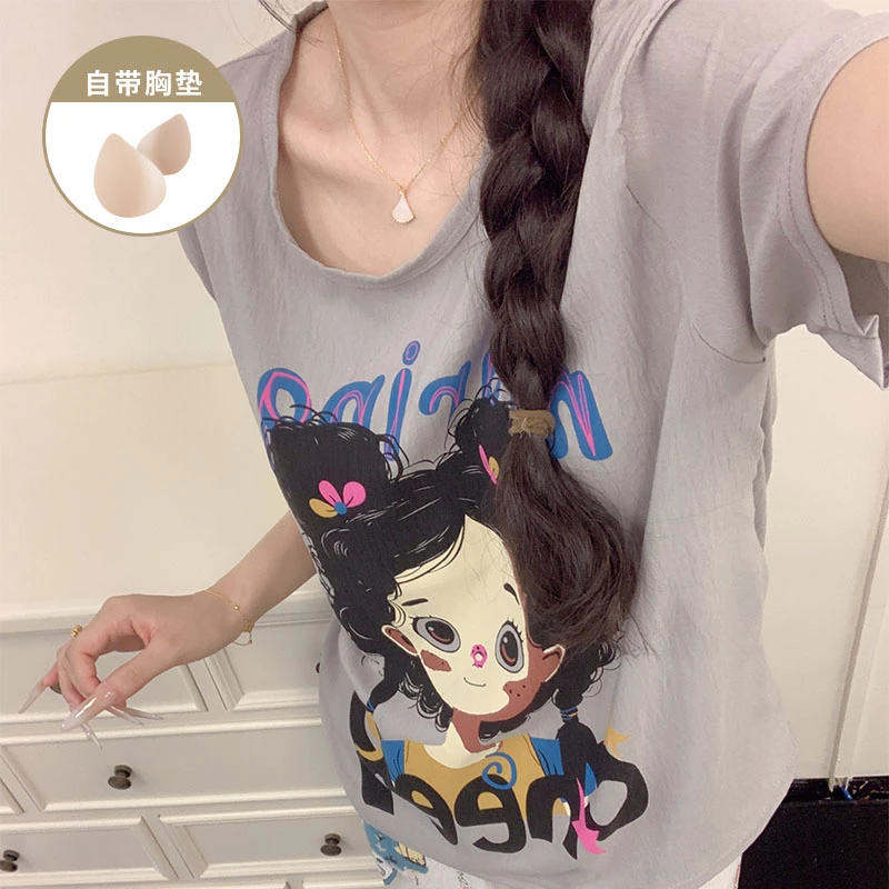 夏季爆款卡通风带胸垫睡衣女款春秋季短袖长裤绵柔女士家居服套装