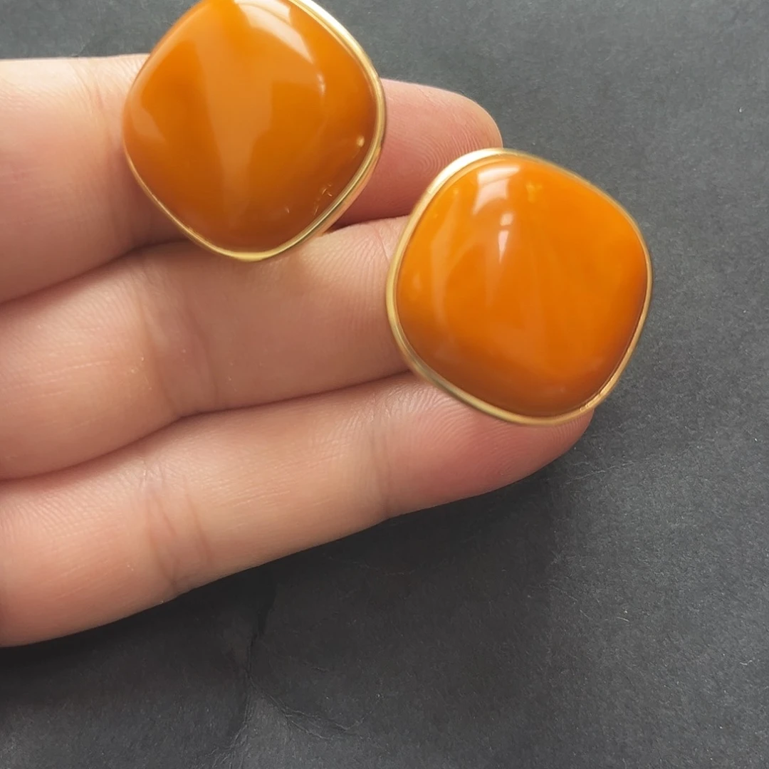 银S925镶嵌琥珀裸石蜜蜡耳钉