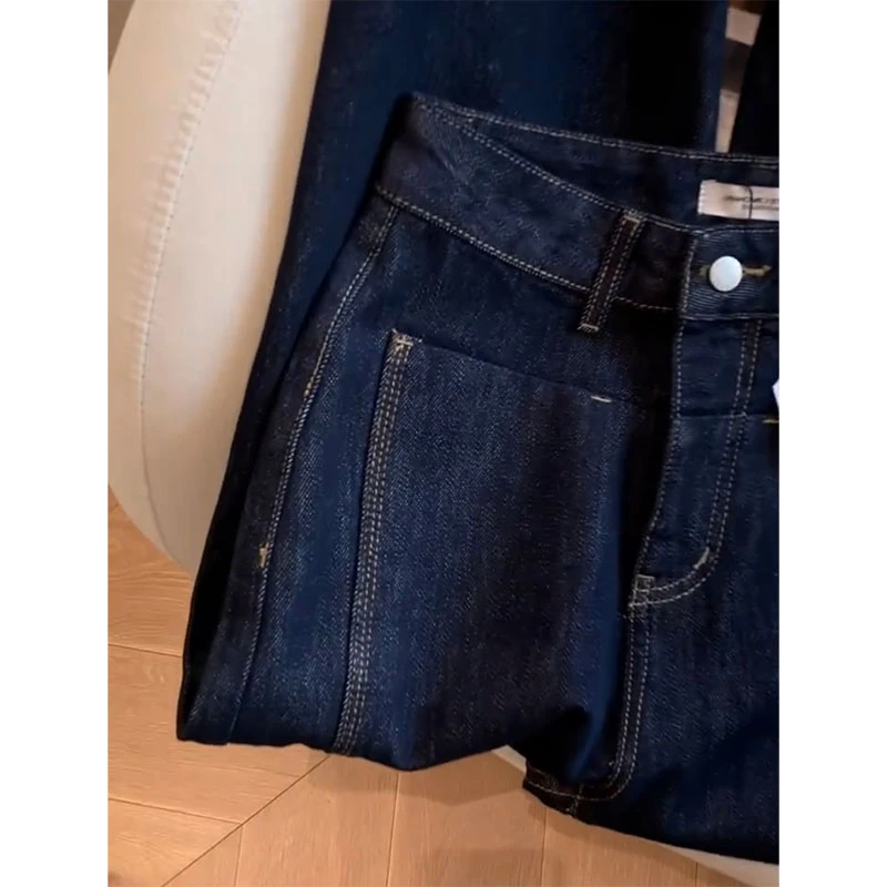 复古深蓝色明线百搭阔腿牛仔裤女春秋设计感小众高腰宽松直筒长裤