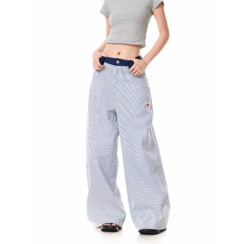 KULINGZHU美式慵懒爱心刺绣竖条纹休闲长裤小众设计感宽松裤子