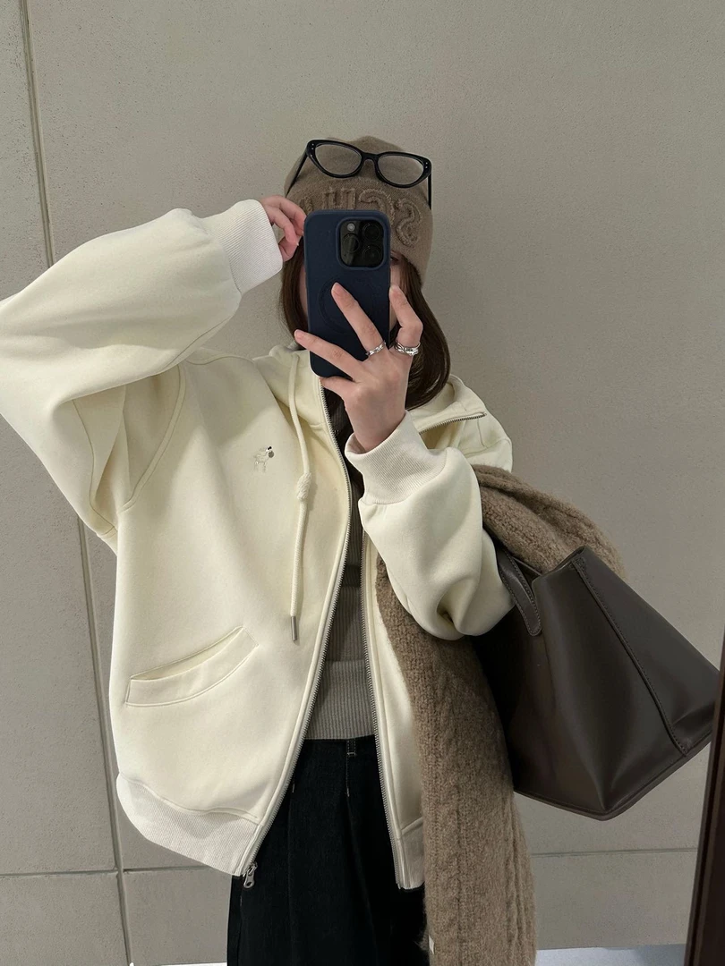 加绒小鹿刺绣卫衣帽衫外套拉链开衫云小熊服饰