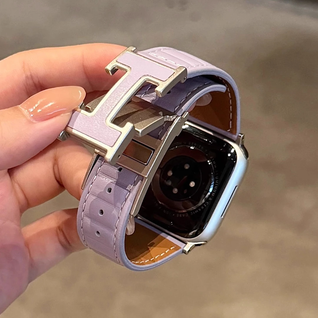 波浪纹H磁吸扣皮质苹果手表表带适用于Apple watch789iwatch10SE2