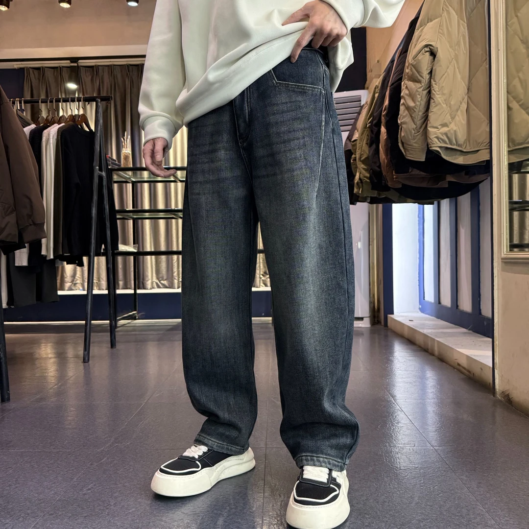 KP-X加绒加厚弯刀牛仔裤冬季保暖水洗复古百搭直筒宽松男士牛仔裤