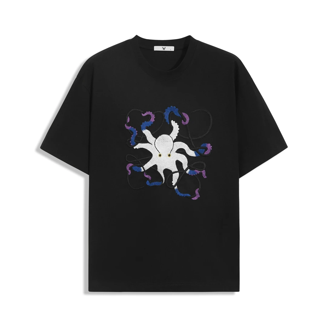 2025夏季新款卡通章鱼设计重磅刺绣高棉感男女同款时尚圆领短袖