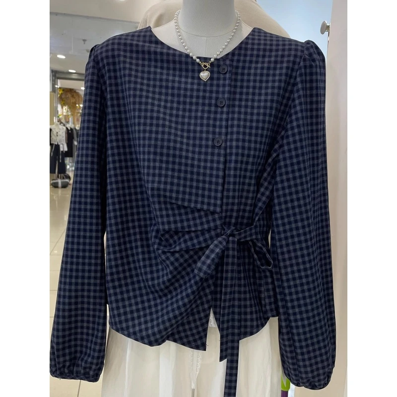 韩系格子系带收腰长袖衬衫女2025早秋新款气质休闲减龄百搭上衣潮