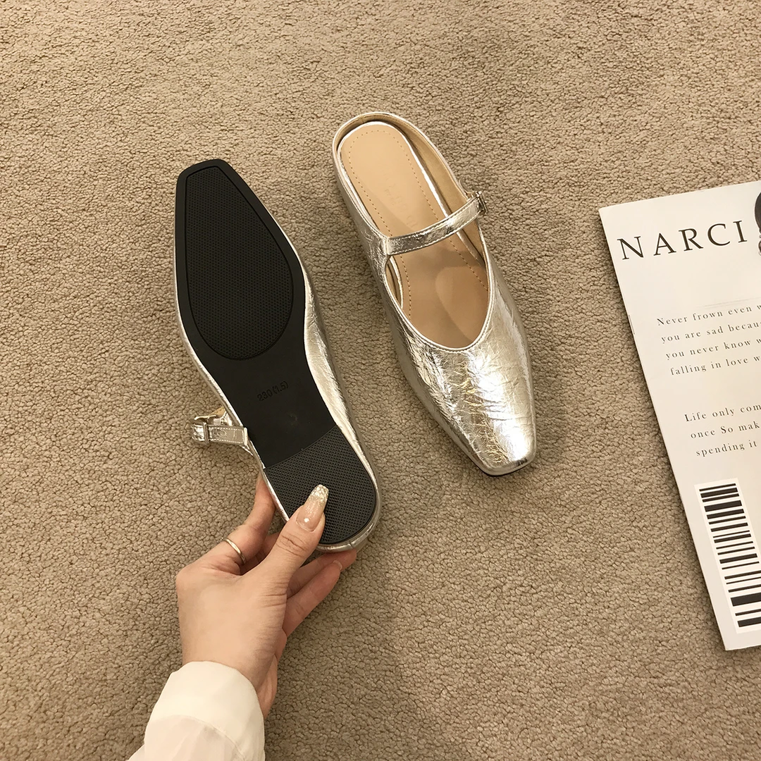 复古懒人包头半拖鞋外穿春夏新款银色温柔配裙子晚晚仙女半拖单鞋