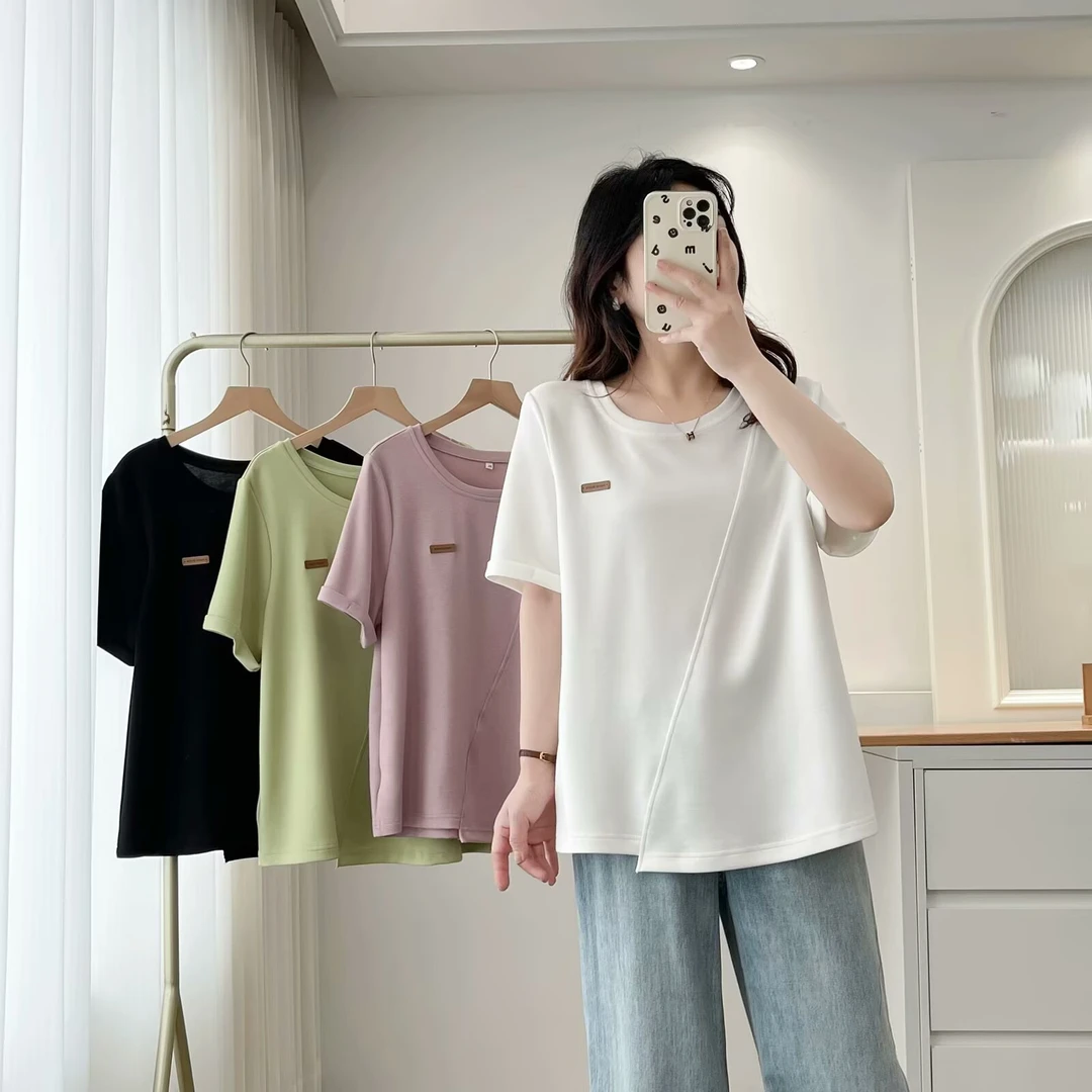 大码百搭时尚显瘦气质休闲纯色夏季短袖T恤