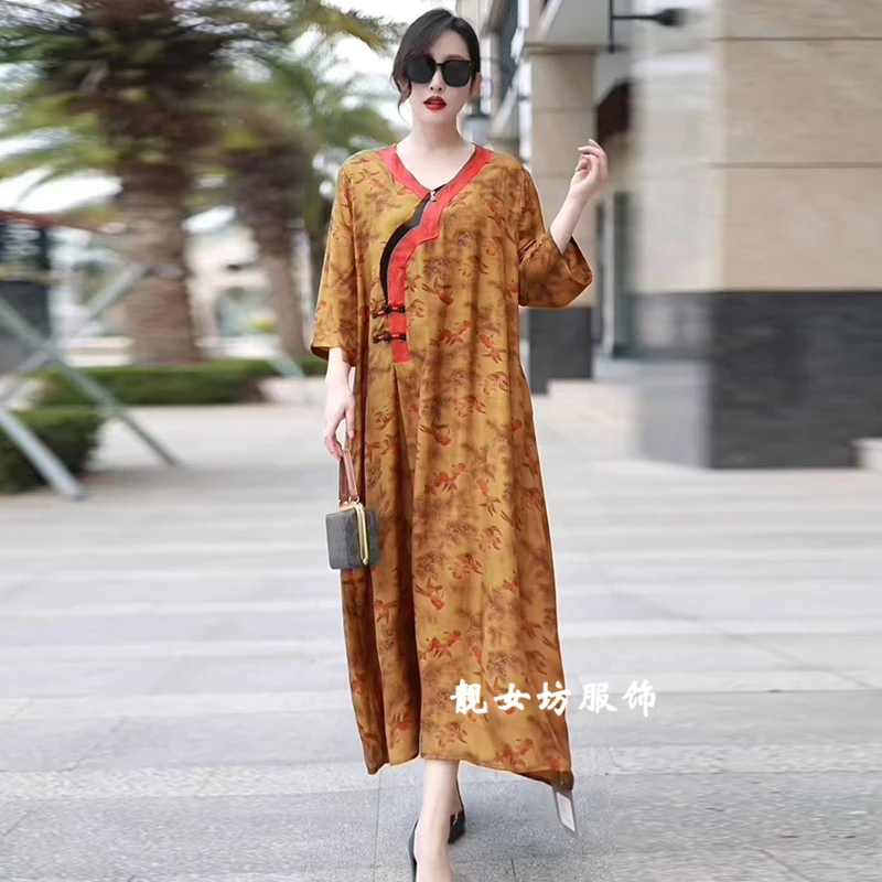 高级感醋酸大码连衣裙夏季新款宽松遮肚中长裙轻奢洋气V领长裙子