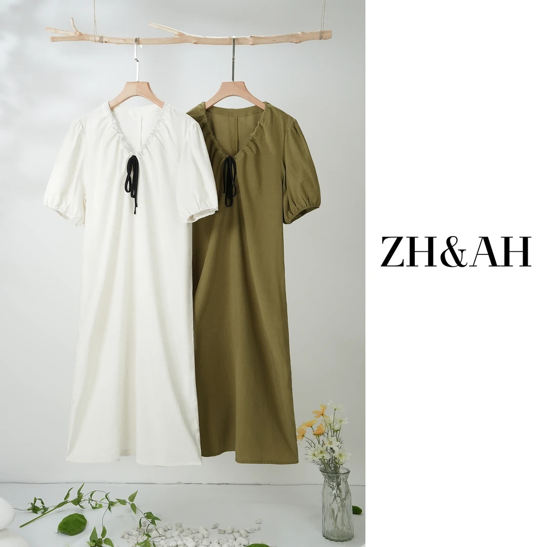 ZH&AH夏季新款时尚气质百搭孕期遮肉天丝棉麻领口抽绳连衣裙