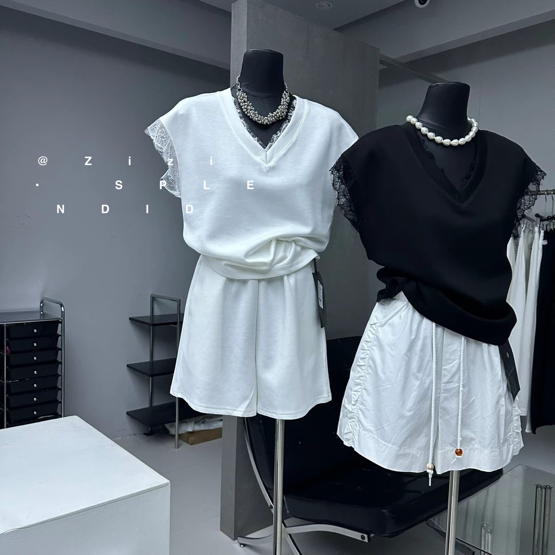 ZiZi 福秒（9Zi1616#)日常实穿 蕾丝花边拼接坎肩T恤9-525