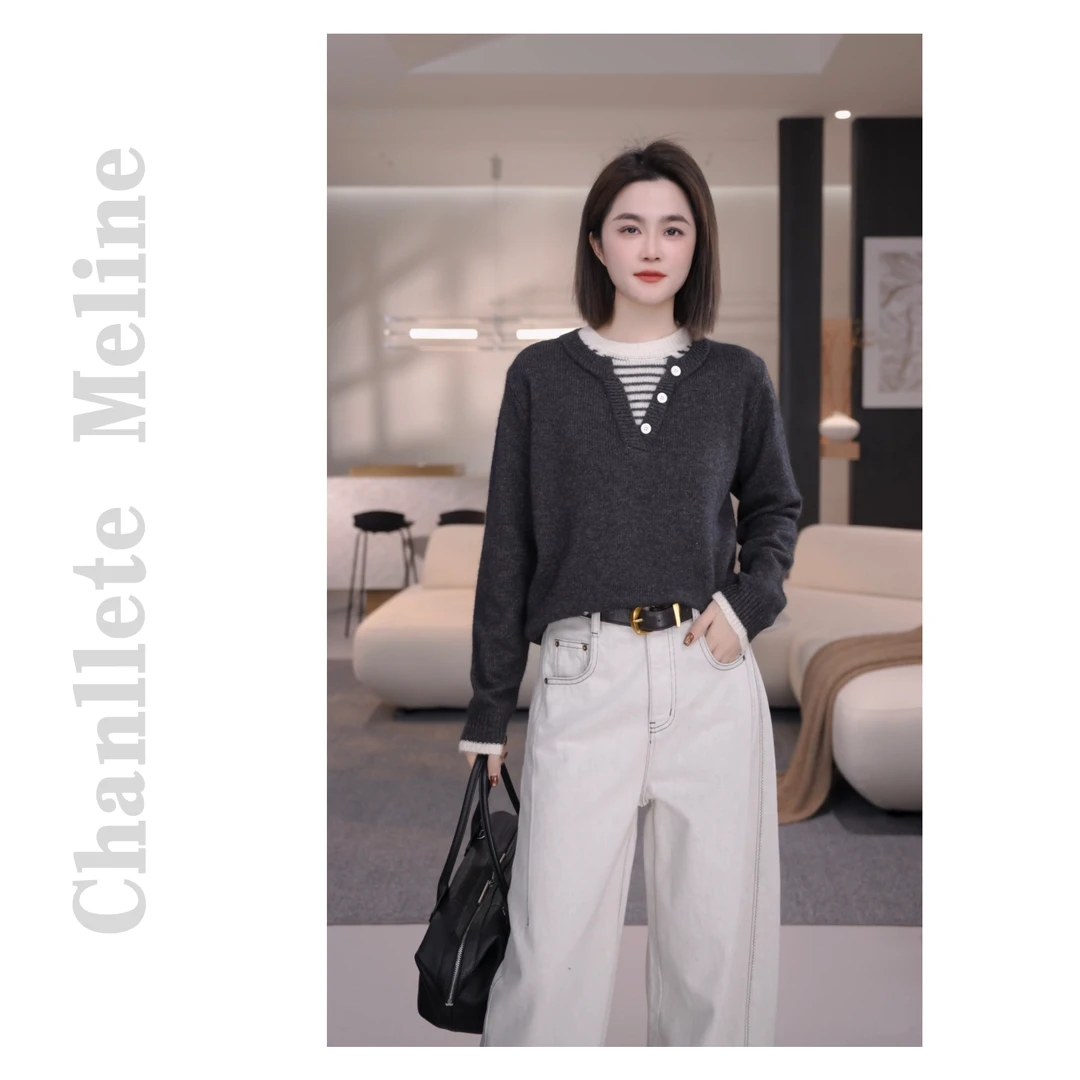 【Chanllete Meline】秋冬绵羊毛假两件条纹拼接针织上衣7900