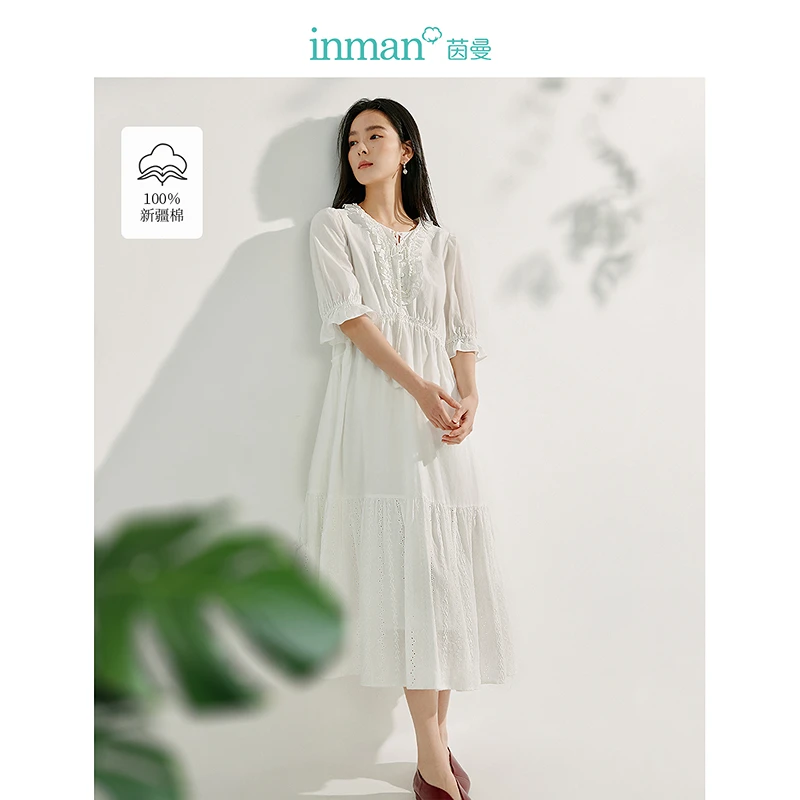 【欧若智性风】茵曼春季法式重工刺绣连衣裙高腰文艺仙气宽松长裙子