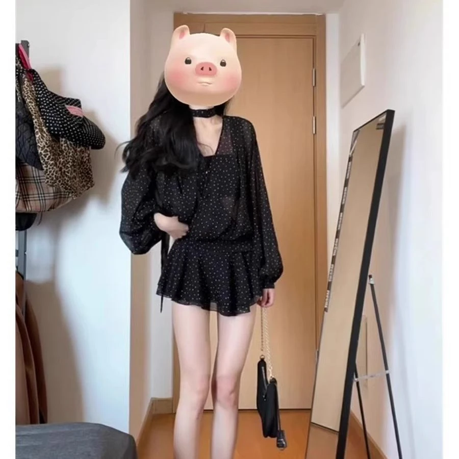 pinkmoon||黑色波点V领雪纺长袖连衣裙女显瘦法式气质收腰A字短裙
