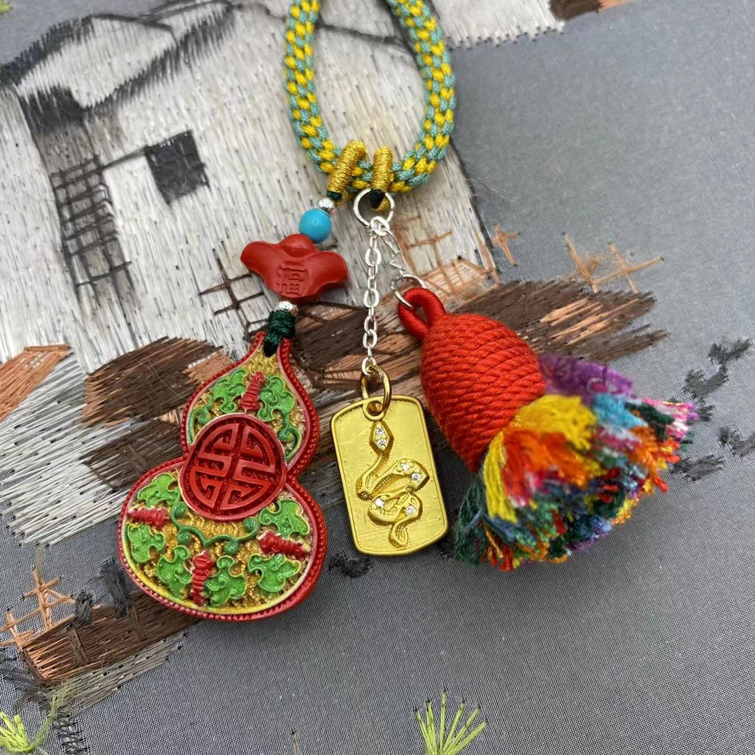 含辰砂工艺品高含量朱砂红砂设计款彩绘福禄双全爆款葫芦钥匙扣