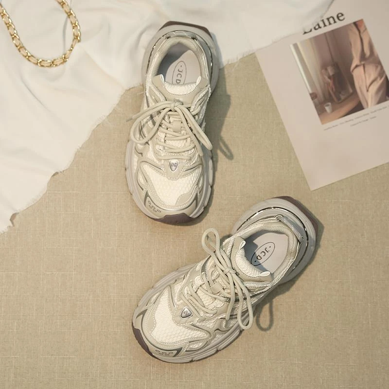 银色老爹鞋女秋2025新款厚底增高显脚小复古正品休闲鞋透气运动鞋