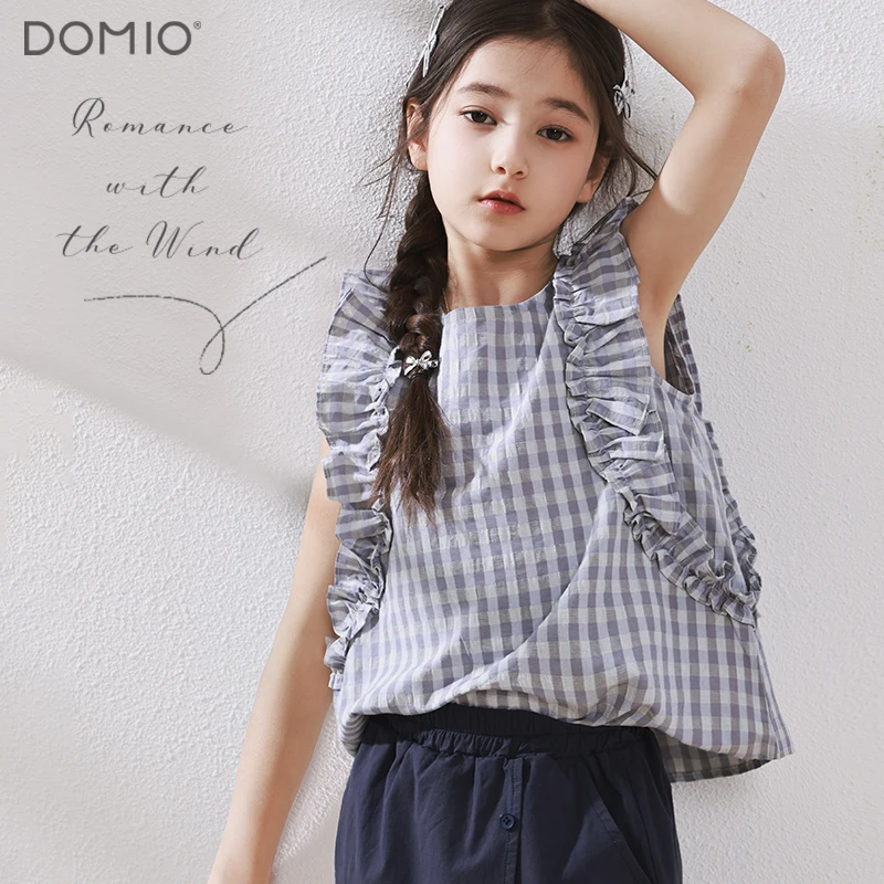 女童无袖衬衫25夏季新品儿童飞袖荷叶边背心中大童纯棉娃娃衫亲子