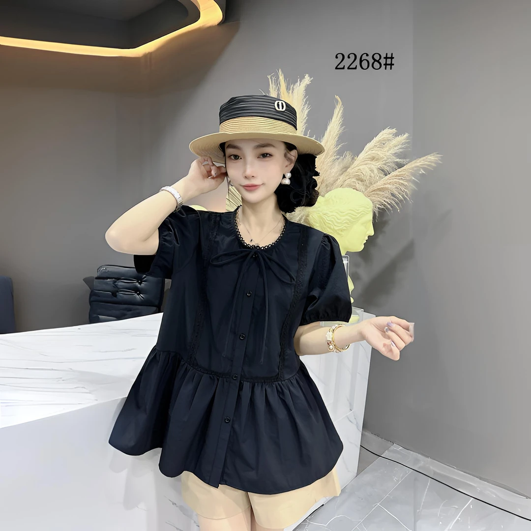 夏季新款大码女装时尚纯色系带蕾丝拼接单排扣气质圆领短袖衬衫