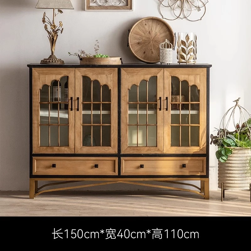 法式复古书柜实木落地侘寂风书架玻璃展示柜带门防尘墙边置物柜