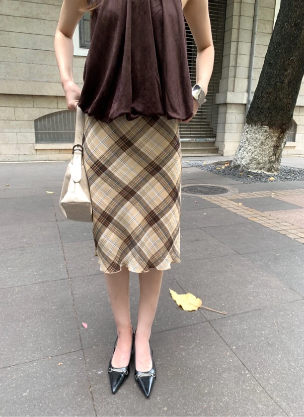 WUDALIAN 美式复古辣妹网纱格子半身裙包臀短裙子