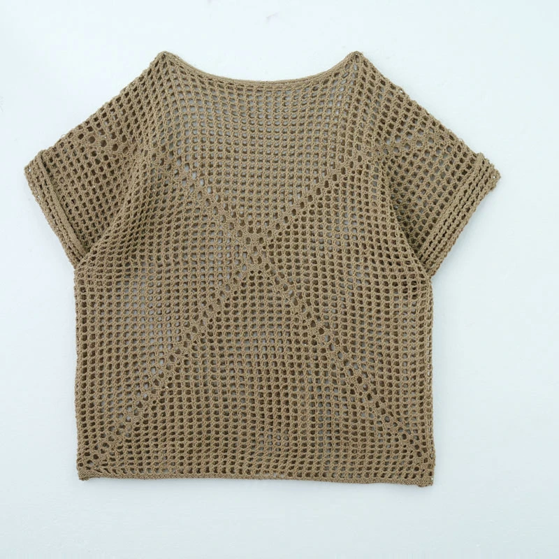 【风吻春枝】圆领镂空短袖针织衫女2025春季新款设计感上衣1680