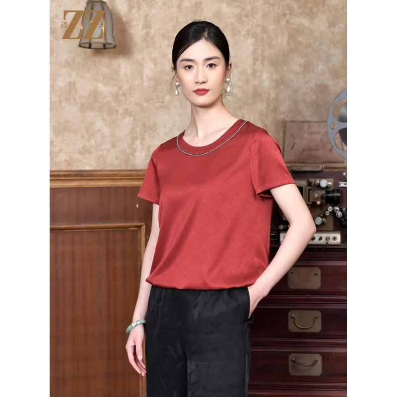 佐尔美红色夏季素色桑波缎真丝短袖宽松桑蚕丝衬衫气质上衣女洋气