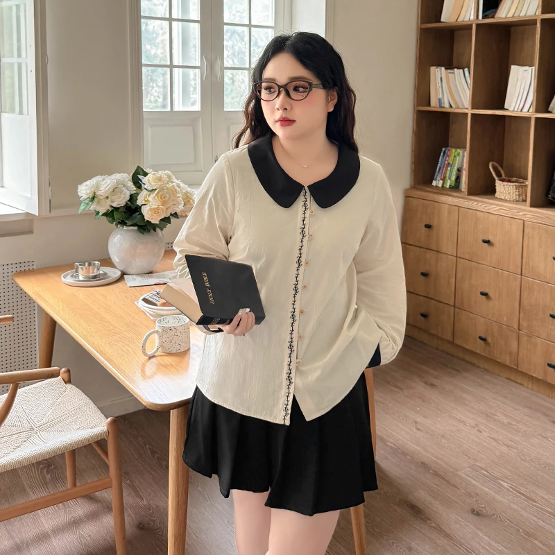 DC7197大码女装【文艺气质衬衫】撞色娃娃领刺绣衬衣春夏季长袖上衣