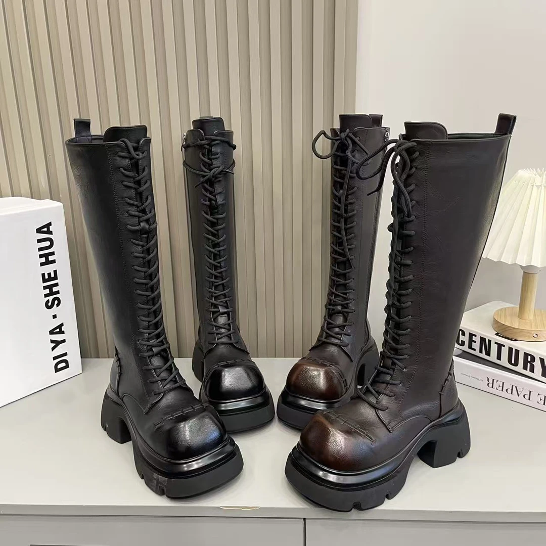甜酷辣妹韩版厚底不过膝瘦瘦长筒靴增高冬季皮面舒适潮时尚感潮靴