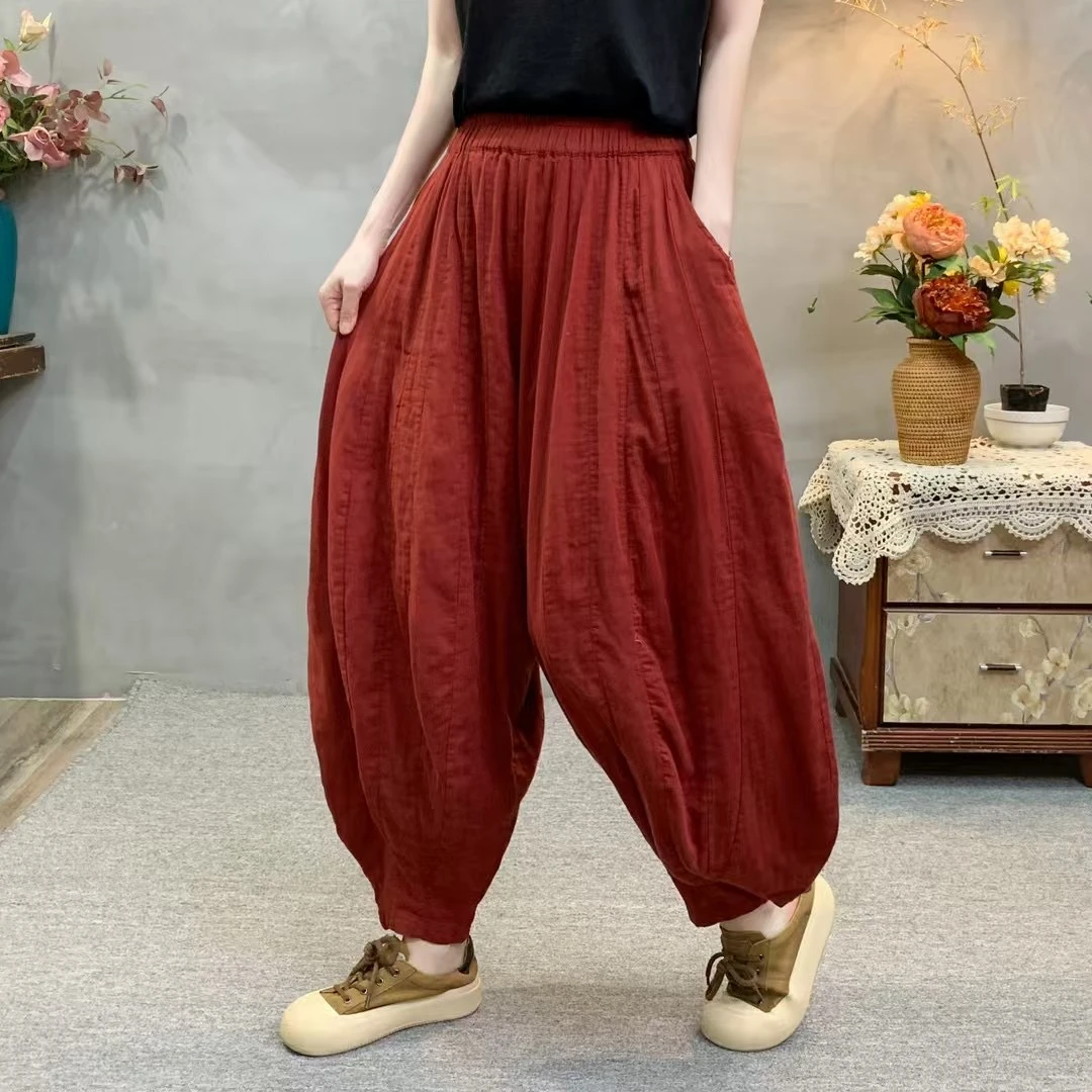ZX新款棉纱大码宽松遮肉薄款灯笼裤休闲个性阔腿纯色松紧腰防蚊裤
