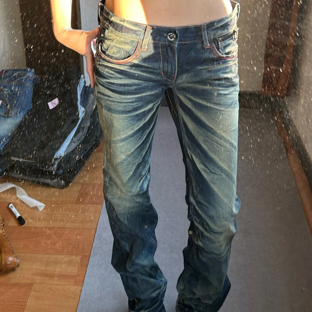 古着 vintage低腰微喇直筒裤复古修身显瘦孤品辣妹牛仔裤