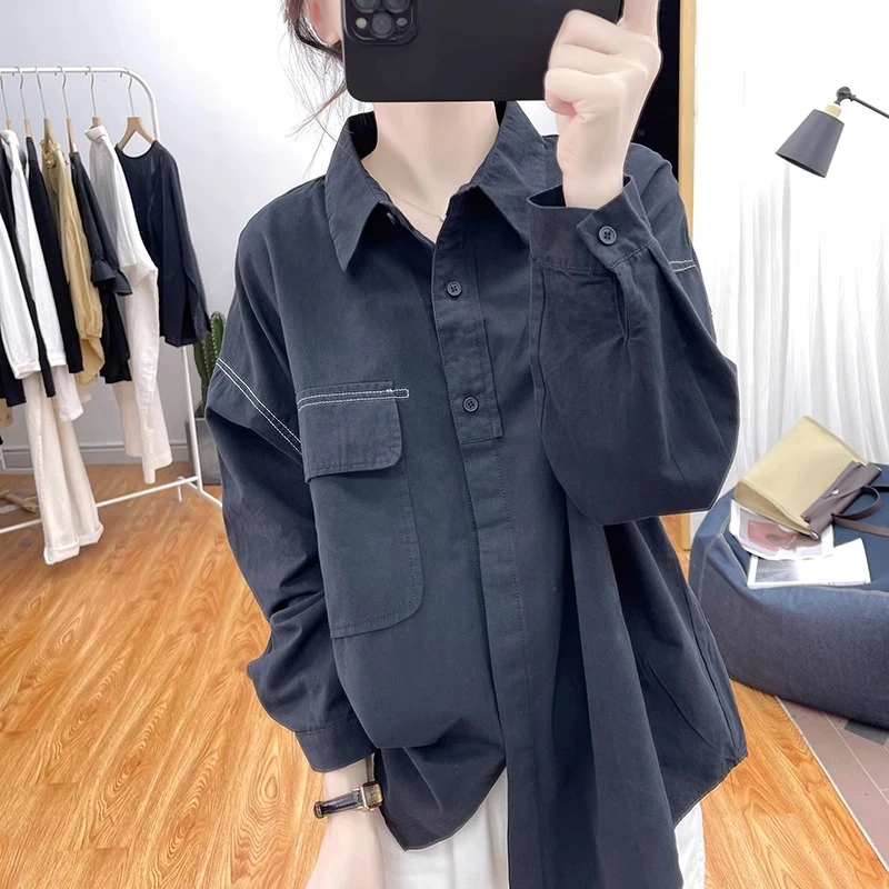 1102纯棉翻领长袖衬衫女2025春季韩系宽松减龄上衣复古工装衬衣