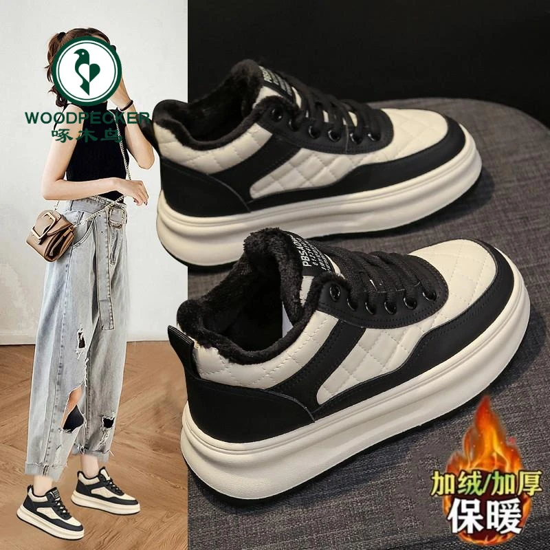 啄木鸟棉鞋女加绒小白鞋女款2025新款冬季爆款二棉运动鞋高帮板鞋