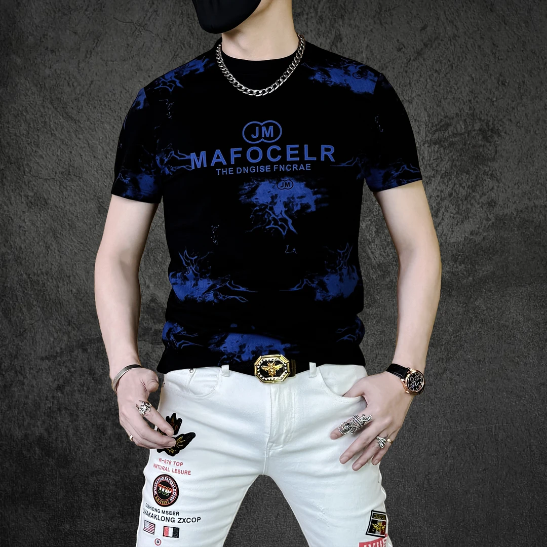 夏季轻奢潮流时尚网红品质个性高级感男士款弹力百搭修身圆领短袖