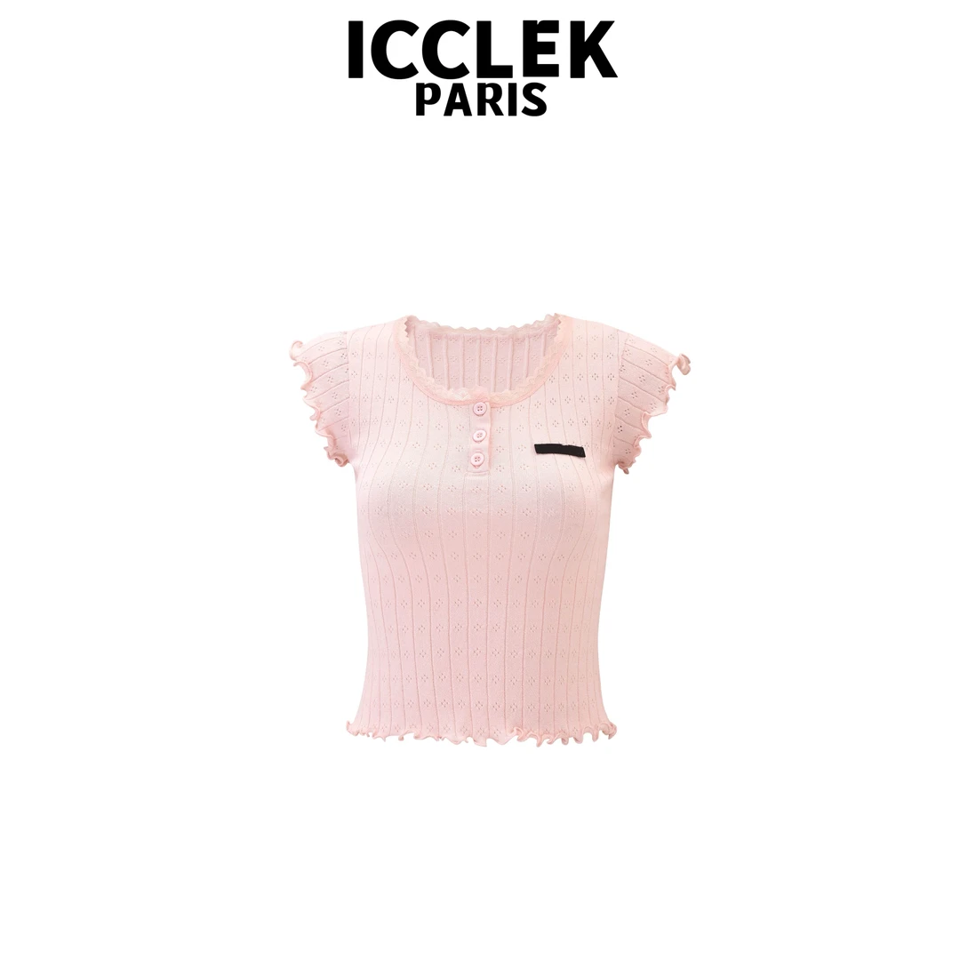 ICCLEK 粉色蕾丝边套头短袖薄款夏季针织衫修身气质百搭减龄-5472