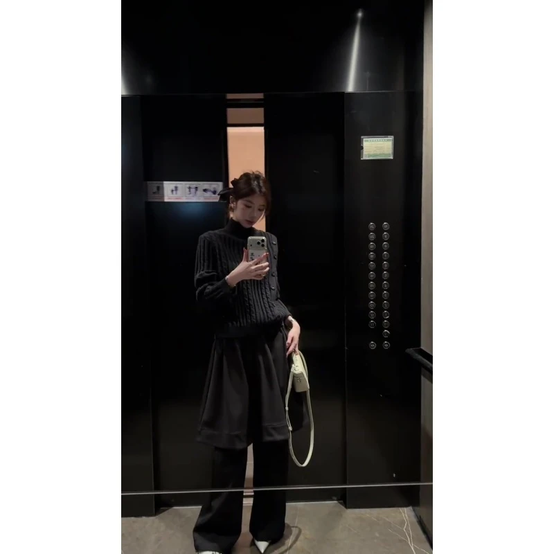 韩式设计感休闲风高领排扣毛衣女高腰宽松百搭直筒阔腿裙裤两件套
