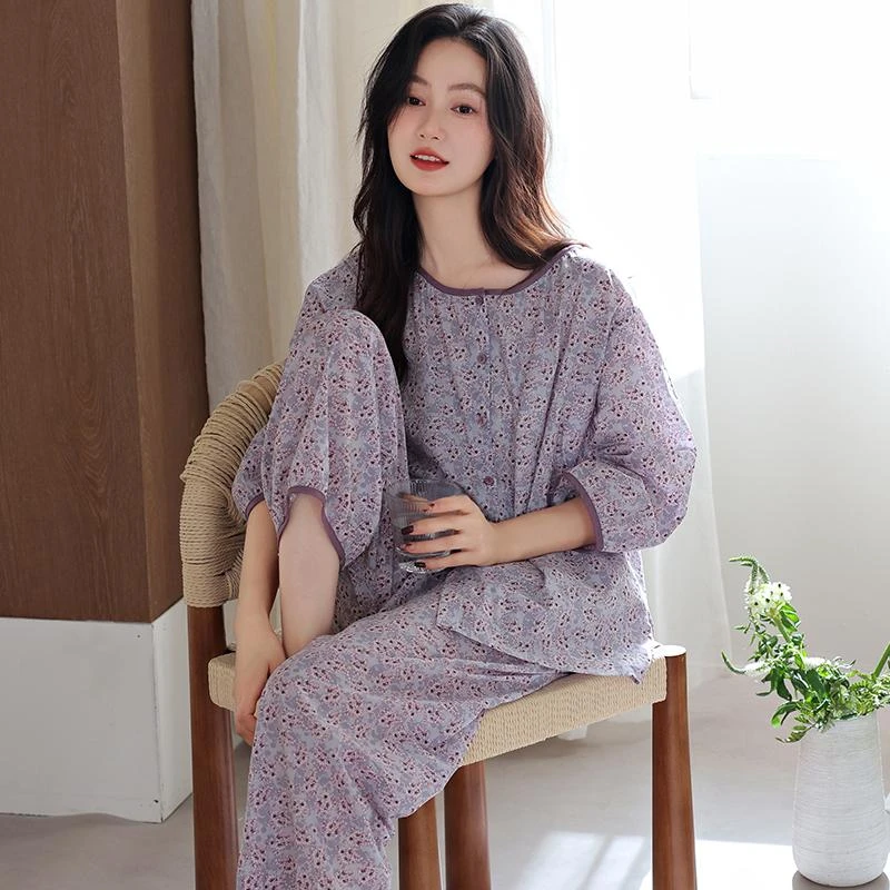 2025年新款睡衣女春秋季纯棉长袖圆领休闲风全棉套装可外穿家居服