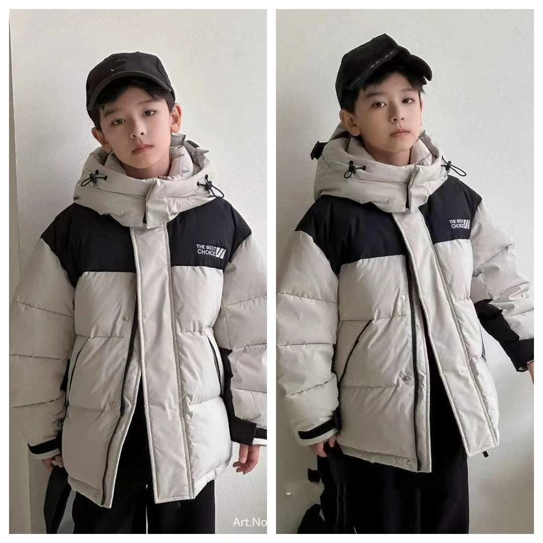 儿童羽绒服2024年男童连帽羽绒外套潮酷加厚撞色休闲时尚羽绒外套
