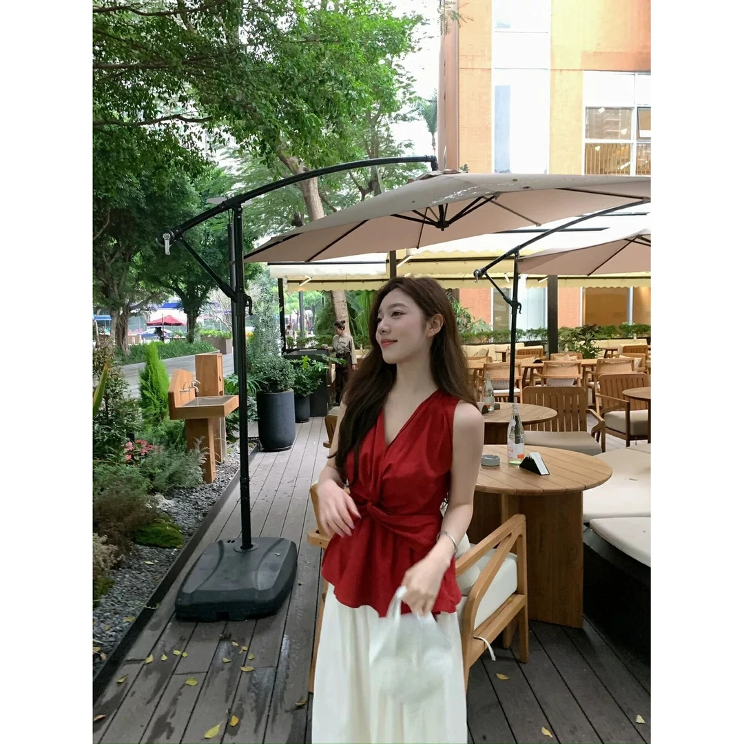 法式甜美荷叶边扭结黄色领收腰绑带背心女夏外穿多巴胺穿修身高级