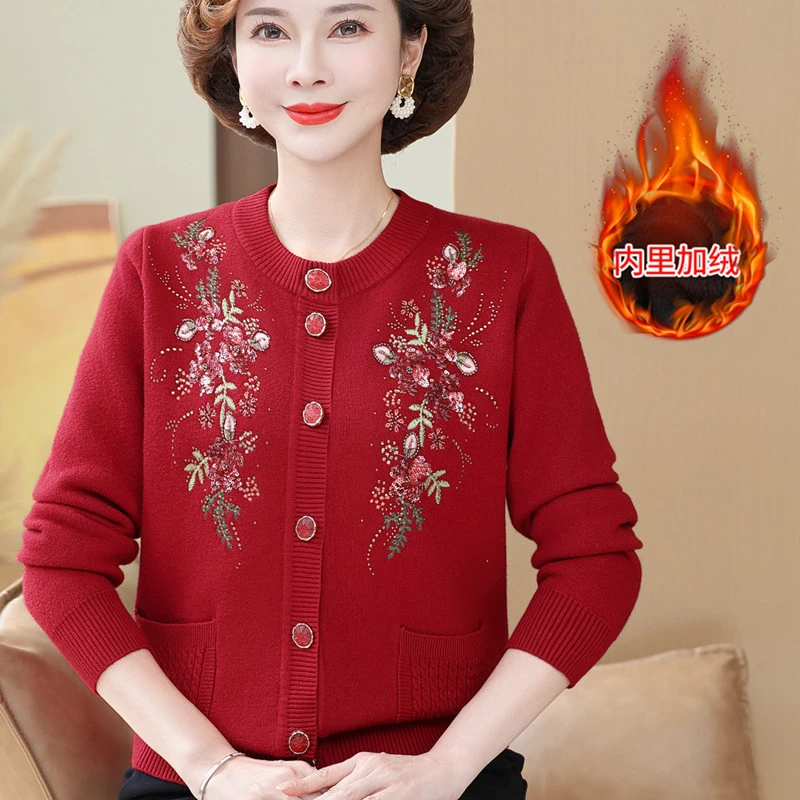 妈妈装秋冬一体加绒加厚外套老年人女洋气奶奶保暖针织开衫上衣服