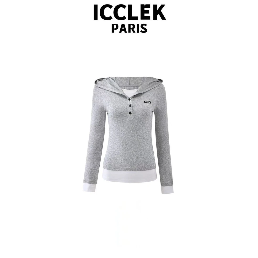 ICCLEK 灰色假两件连帽气质轻奢名媛宽松慵懒风打底  -  9027