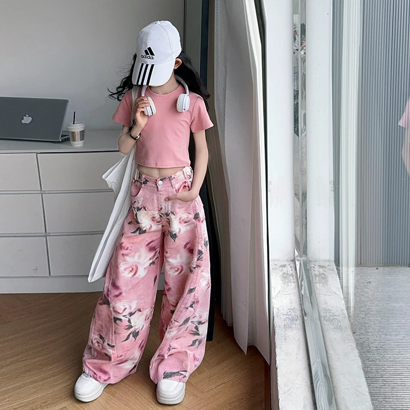 美式复古粉色牛仔裤女童2025春夏季新款高腰时尚百搭直筒阔腿裤潮