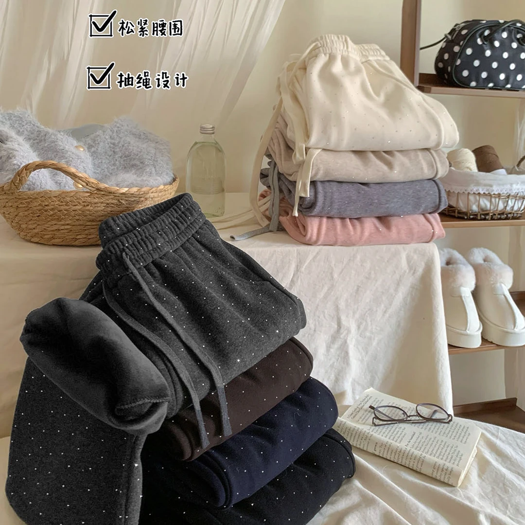 复古满天星烫钻加绒慵懒糯米阔腿裤女秋冬高腰保暖直通休闲裤