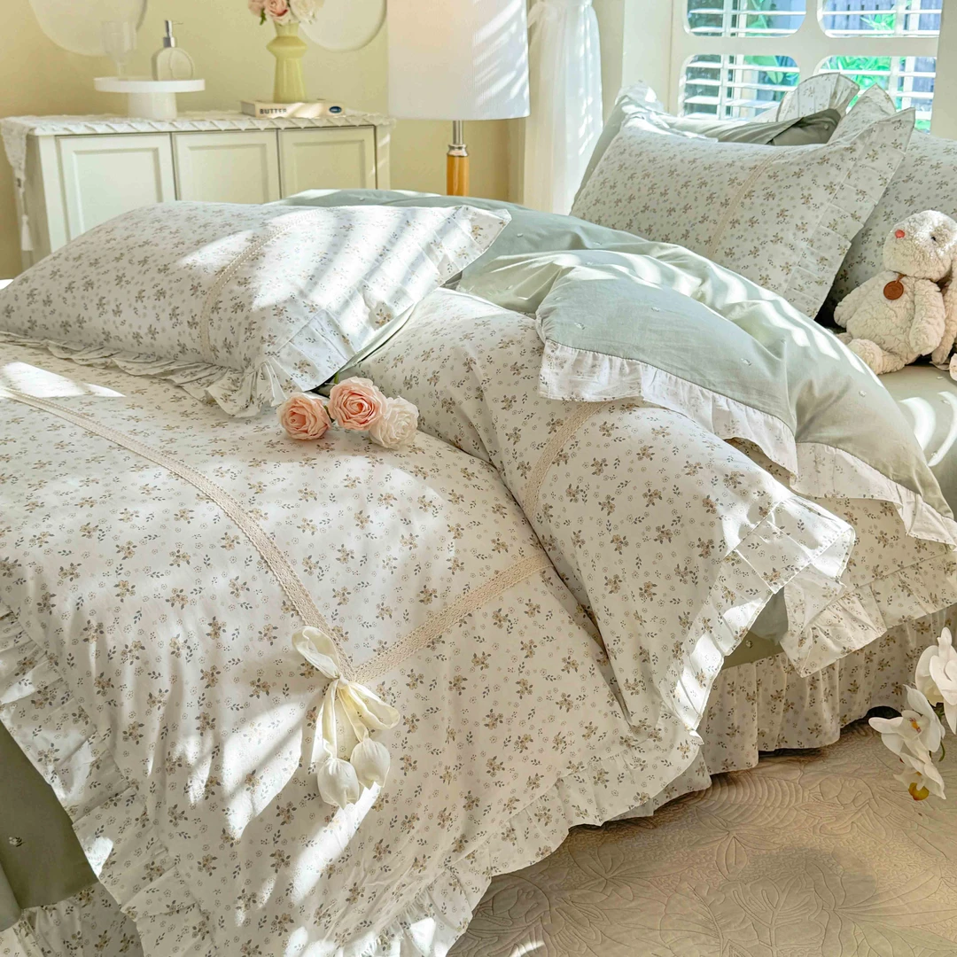 纯棉四件套2025新款韩式蝴蝶结工艺碎花三件套全棉公主风花边系