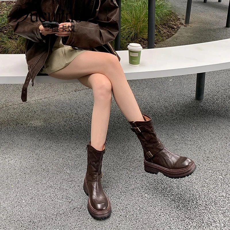 4.5m真皮覆古英伦风骑行靴女粗跟皮带扣侧拉炼厚底短靴百搭马丁靴