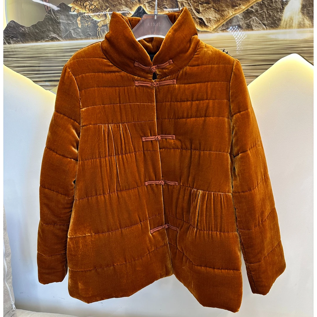 【飞哥女装】琥珀色高领新中式盘扣桑蚕丝丝绒保暖外套