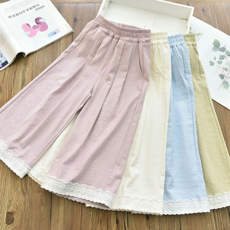 【超软奶芙裤】女童垂感薄软亲肤软乎乎蕾丝花边拼接九分直筒裤夏