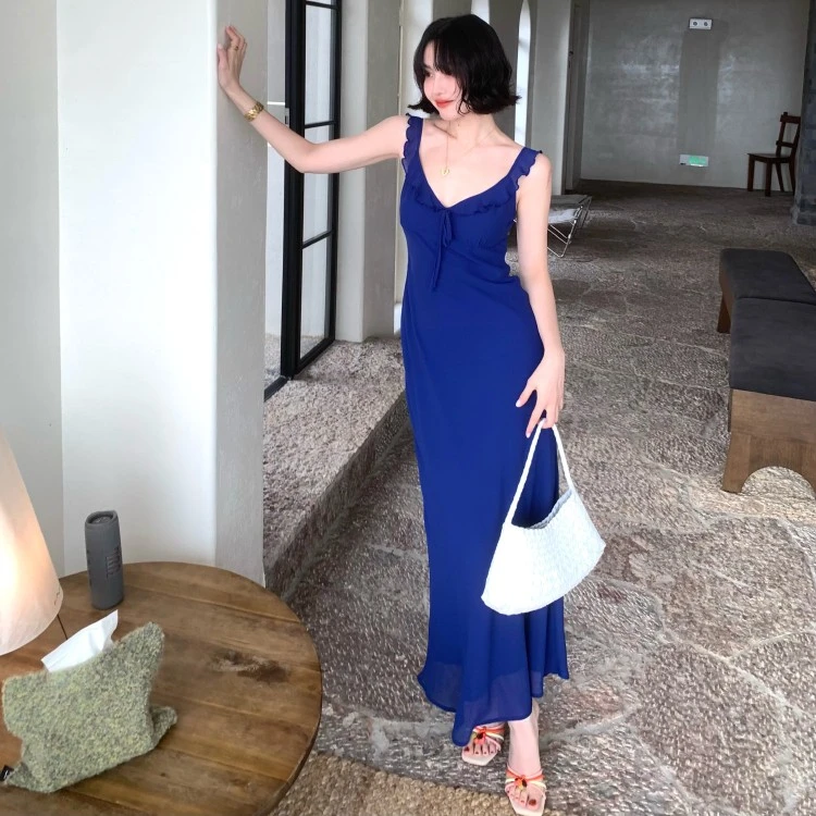 【李崽专属】酒午【鲸落绉纱】法式复古荷叶边长款v领连衣裙KLF4113